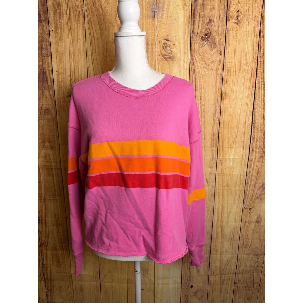 Aerie Pink Striped Waist Length Boxy Sweatshirt Distressed Collar Size M